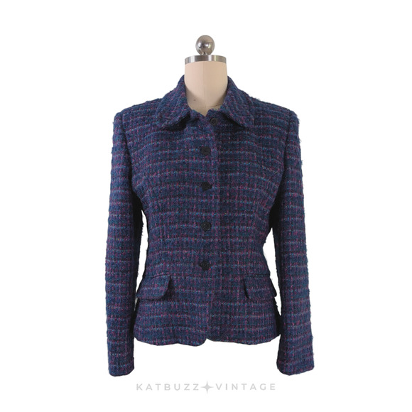 Vintage Tweed Plaid Blazer Jacket 12 Wool Mohair 90s Preppy Classic Lady NYC - Picture 1 of 9